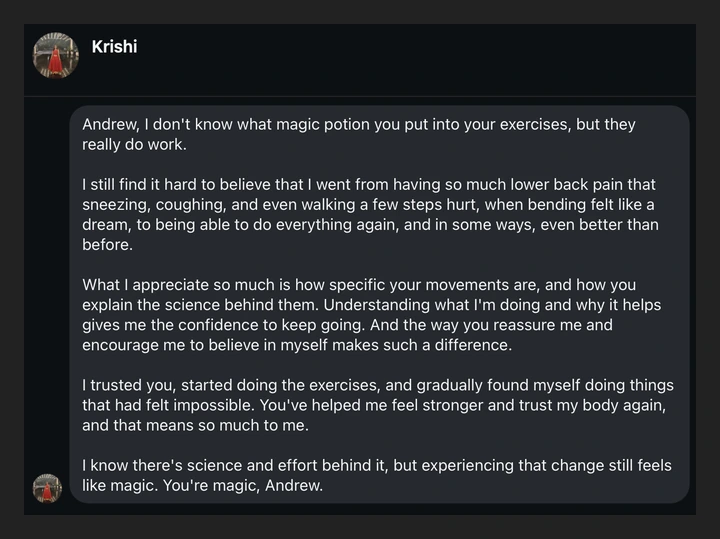 Testimonial message screenshot from Krishi