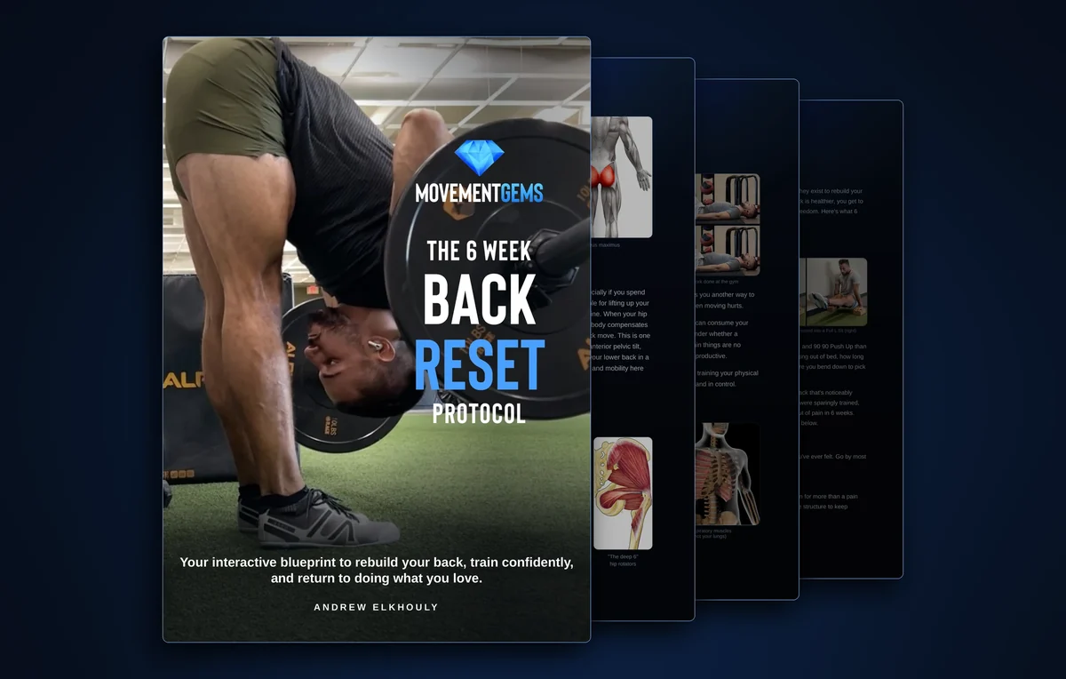 The 6 Week Back Reset Protocol eBook cover with inside pages showing glute and hip anatomy, breathwork and a mobility exercise